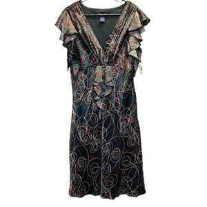 Metaphor Women’s Ruffle Front Dress MIDI 10 V Neck Black & Multicolor Polyester